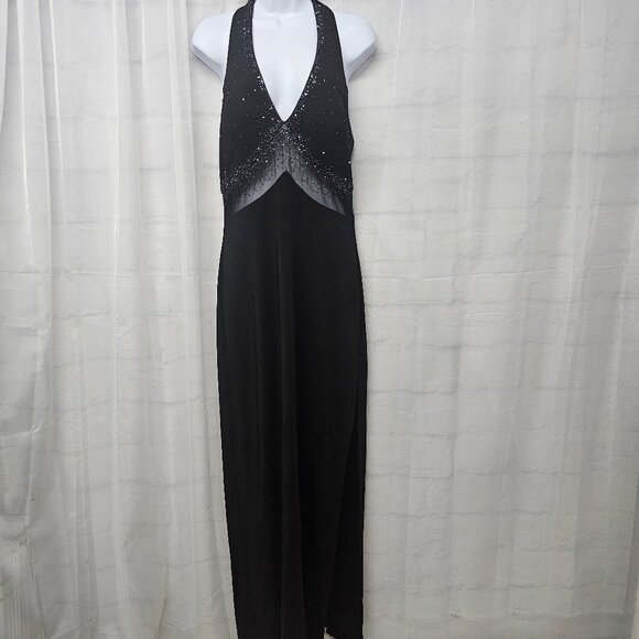 Vintage Blondie Nite by Jaslene Y2K Black Beaded Evening Dress Maxi Mesh 13 - Picture 1 of 7